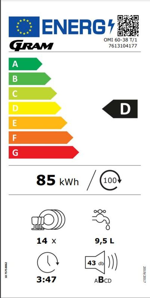 Gram helintegrert oppvaskmaskin 60 cm OMI 60-38 T/1 