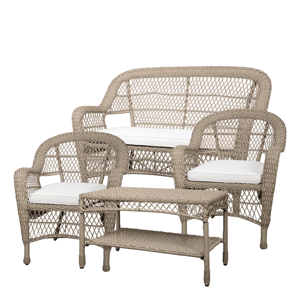 Hagesett med bord, sofa og 2 stoler med puter fra Chic Antique