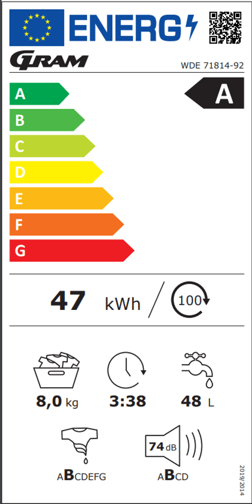 Gram vaskemaskin i hvitt 84,5 cm WDE 71814-92